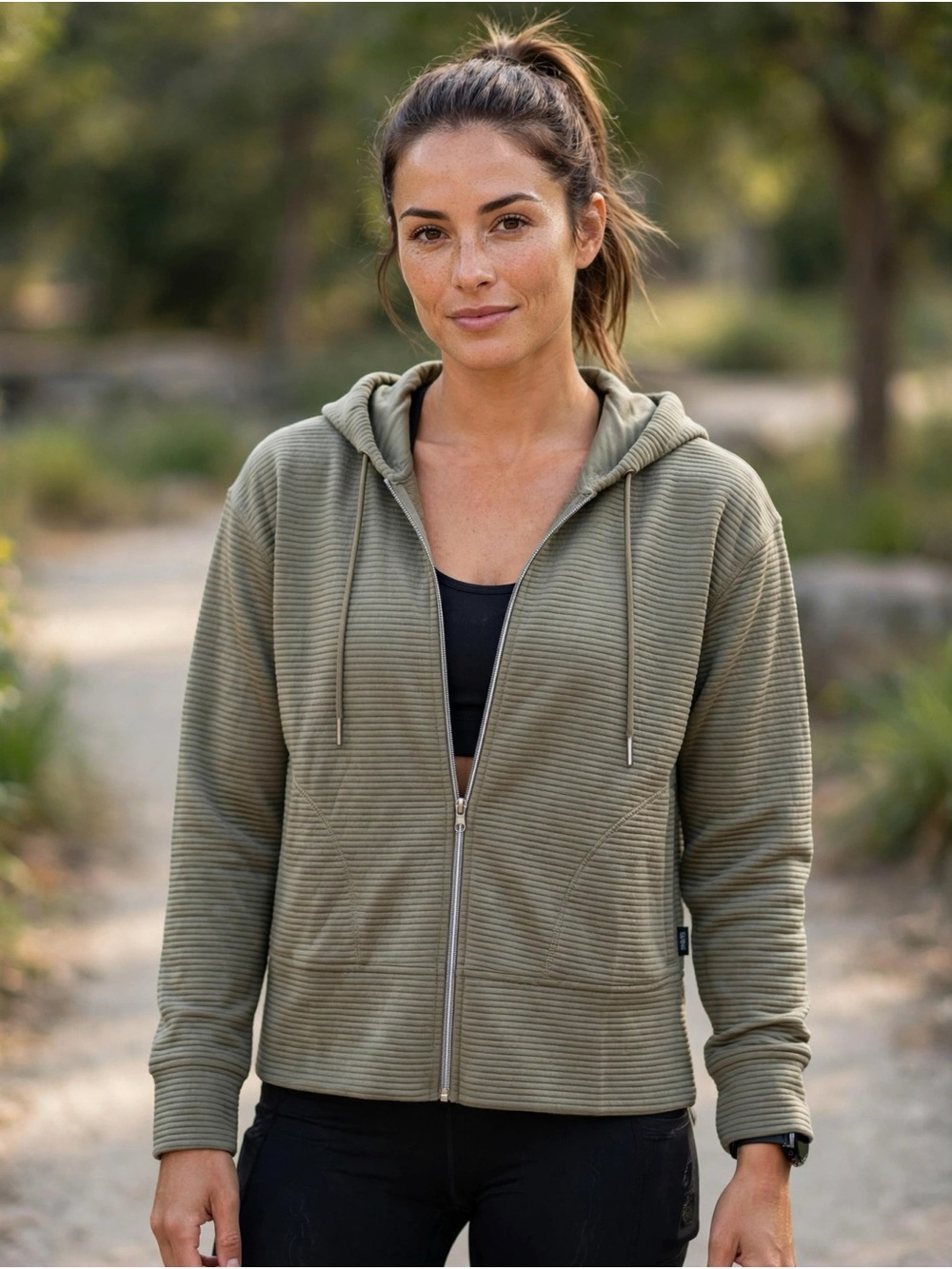 DKNY Size Large Ribbed Olive Green Zip Hoodie Comfortable, Gorpcore, Lightweight